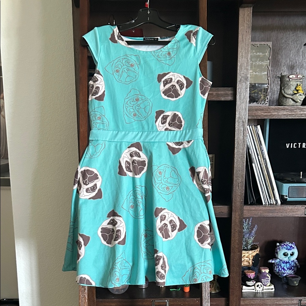 Kids Pug Print Dress - Teal